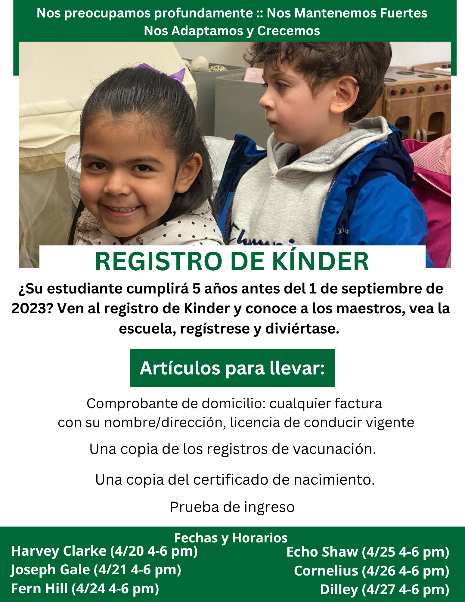 Dates, times and info for Kinder Registration